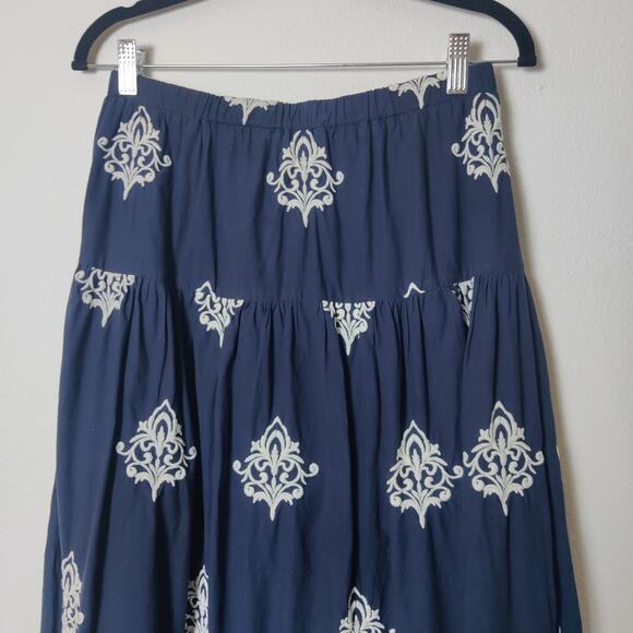 NVLT Embroidered Tiered Cotton Maxi Peasant Skirt Navy Blue Fleur de Lis Small - Picture 4 of 13